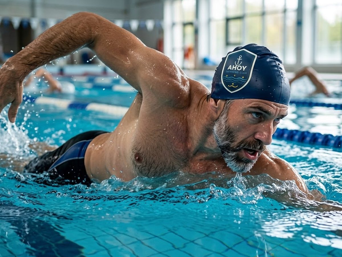An adult swimmer in an Ahoy Swimming Club cap swimming front crawl in a lane pool