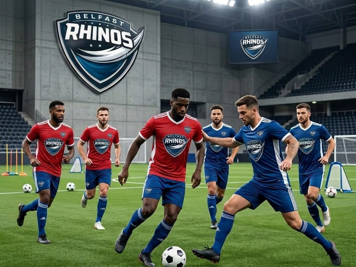 Belfast Rhinos players in red and blue kit during an adult small-sided football session, club crest on the wall behind