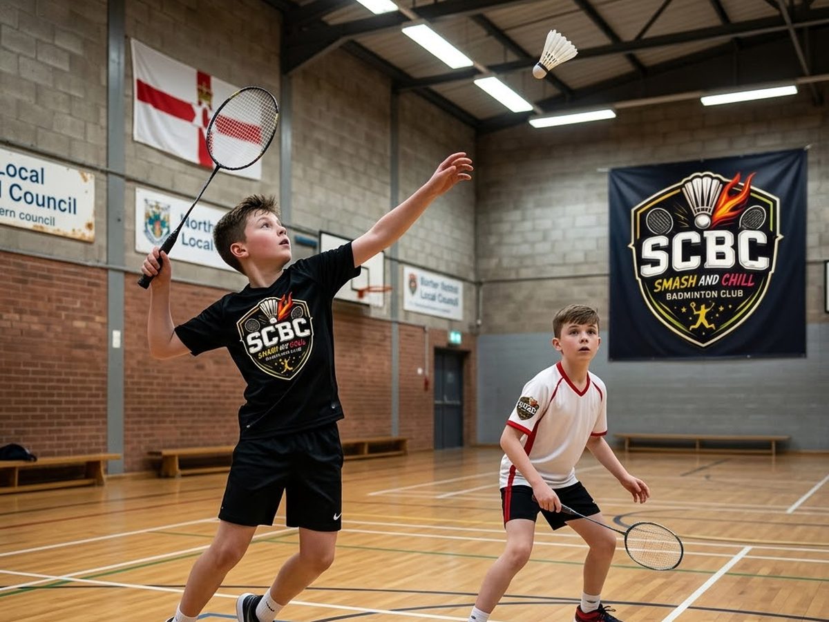 A young SCBC player leaping to play an overhead shot during a club badminton session