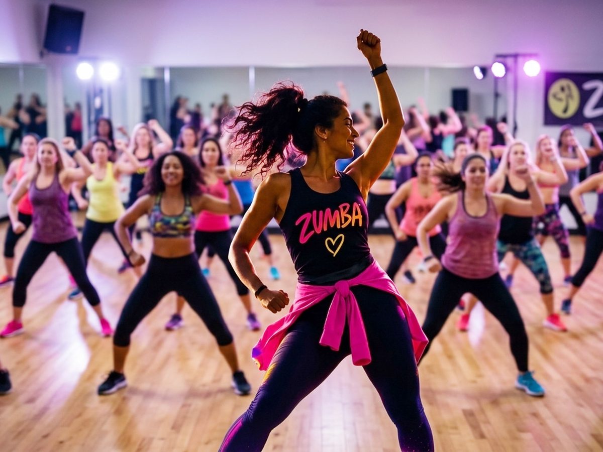 A busy Zumba class mid-routine, the instructor leading from the front of a mirrored studio