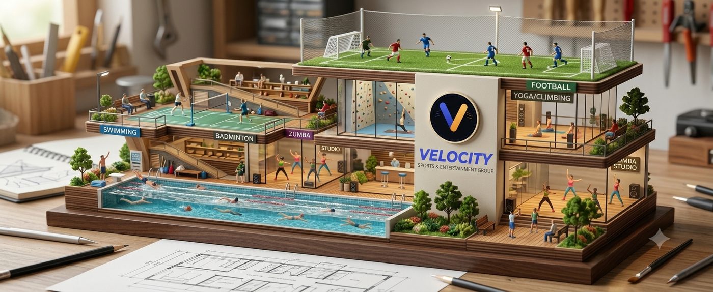 A cutaway model of the Velocity concept showing a pool, badminton courts, a fitness studio and a rooftop football pitch in one building