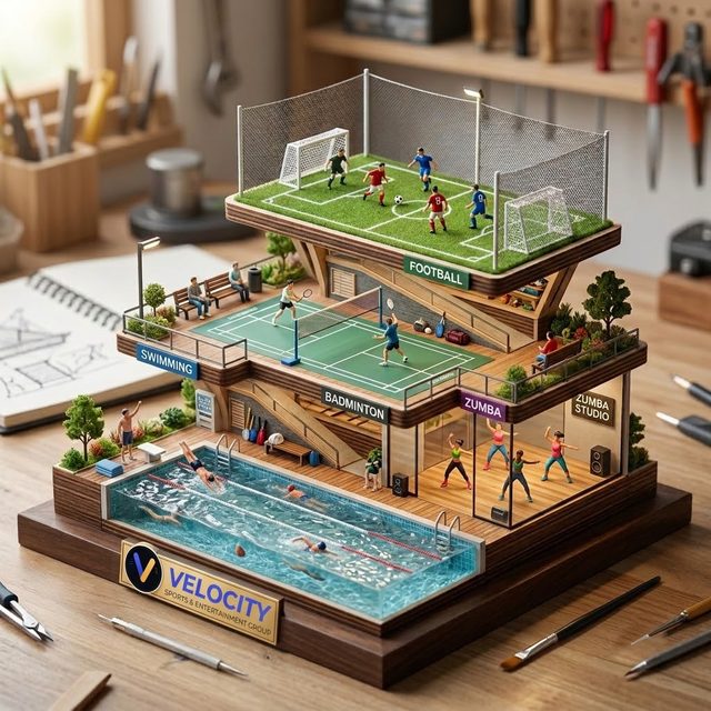 A closer view of the Velocity model, showing the pool, badminton court and rooftop pitch stacked together